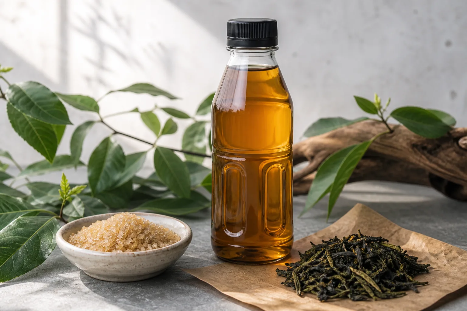 Gula kristal, daun teh kering, dan botol teh di meja uji rasa